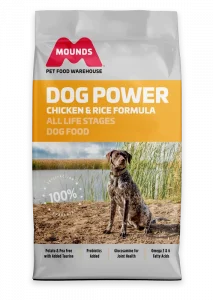 mounds dog power chicken and rice formula food bag