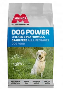 mounds chicken and pea grain free formula dog food bag